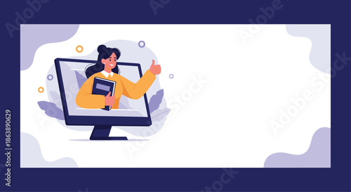 Online education concept with a female teacher or student emerging from a computer screen holding a book and giving a thumbs up.