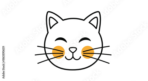 A minimalist and cute outline drawing of a happy cat's face with orange blushing cheeks and a sweet smile on white background.