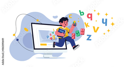 E-learning and online education concept showing a happy boy jumping out of a computer screen with books, letters, and learning tools.