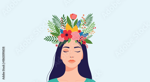 A serene woman with her eyes closed, wearing a beautiful, lush crown of flowers and leaves, symbolizing mental peace and nature.
