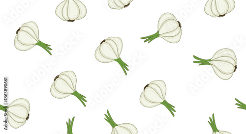 Simple and clean seamless pattern of fresh garlic bulbs with green stems scattered across a plain white background for culinary design.