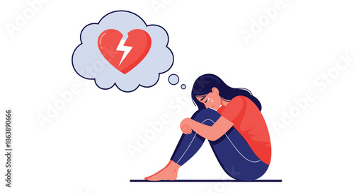 A heartbroken woman crying while sitting on the floor, with a thought bubble showing a broken red heart, illustrating sadness.