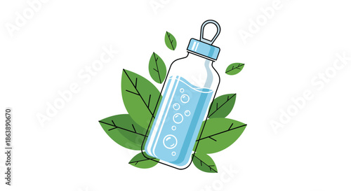 Reusable glass water bottle with fresh bubbly water, set against a background of green leaves symbolizing eco-friendly hydration.