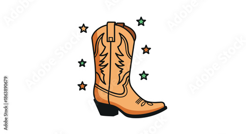 A classic tan leather cowboy boot with decorative stitching, illustrated in a charming cartoon style and surrounded by shiny stars.