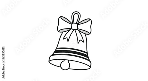 Simple black and white line art illustration of a Christmas bell decorated with a festive bow, perfect for coloring pages.