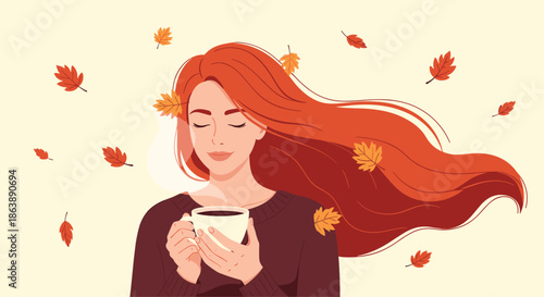 Beautiful woman with long flowing red hair enjoying a hot drink from a mug with autumn leaves blowing in the wind around her.