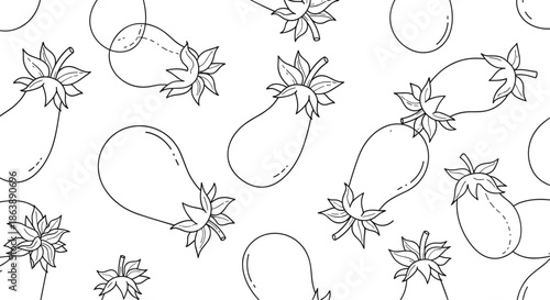 Seamless black and white pattern with hand-drawn outline eggplant illustrations, perfect for fabric, wallpaper, or coloring pages.