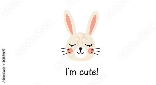 Adorable Scandinavian style bunny face illustration with closed eyes and the text 'I'm cute' on a clean white background.