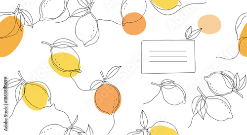 Abstract background with lemons drawn in a continuous one-line art style with colorful spots and a frame for text placement.