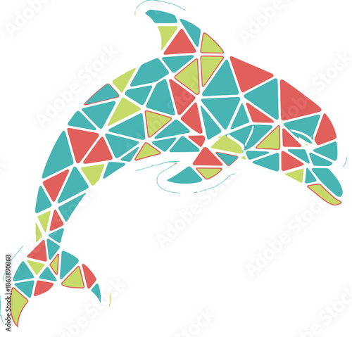 Vibrant Geometric Dolphin Illustration with Colorful Triangular Mosaic Pattern Jumping on Transparent Background