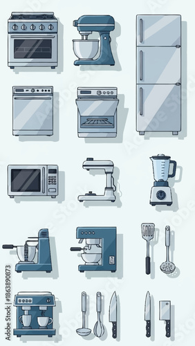 Collection of kitchen appliances and utensils in a modern style.