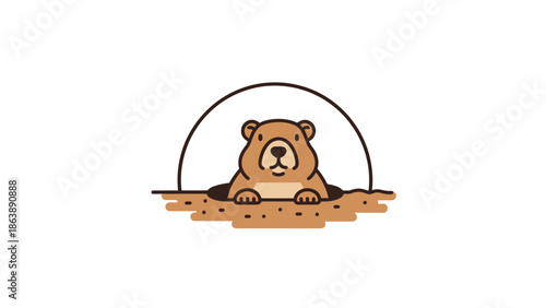 Cute cartoon groundhog peeking out of its burrow, representing spring and nature.
