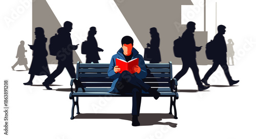 A focused individual sits calmly on a park bench, engrossed in a vibrant red book, amidst the hurried, digitally-distracted silhouettes of urban commuters.