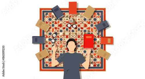 An overhead illustration shows a person surrounded by books and game pieces on a decorative rug, symbolizing intellectual curiosity, learning, and thoughtful recreation.