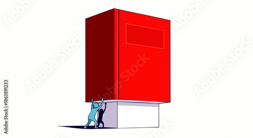 This illustration captures two small, determined figures exerting significant effort, collaborating to lift a monumental red book, symbolizing a heavy burden.