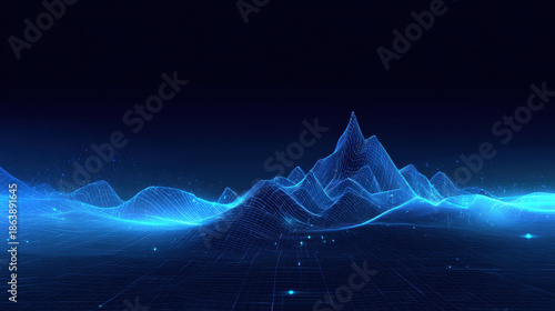 Glowing blue wireframe mountain landscape with digital grid and scattered light particles, atmospheric futuristic scene