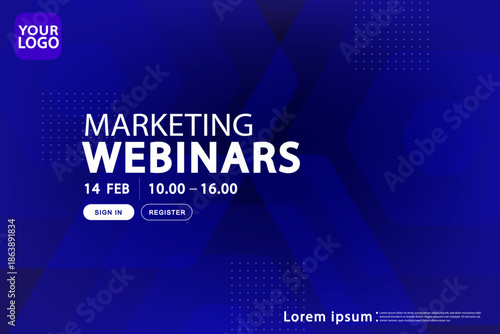 Marketing webinars web banner template with abstract blue geometric arrow background. Digital business seminar invitation layout with registration button for online workshop , corporate event strategy