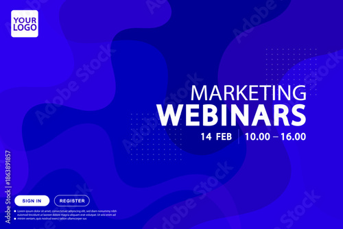Marketing webinar landing page template with abstract blue fluid background and user interface buttons for online seminar invitation and digital conference promotion strategy.