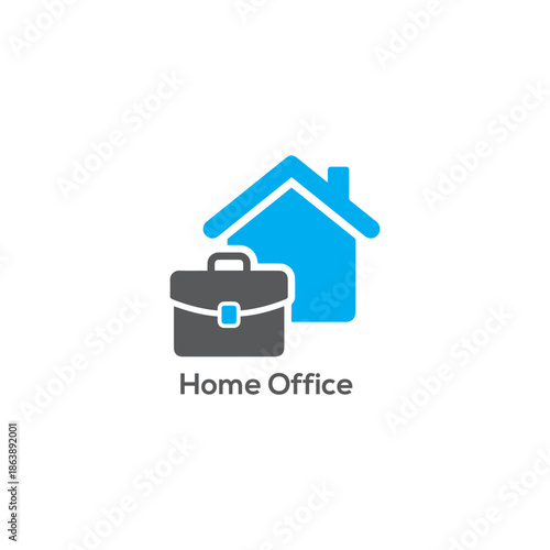 Flat home office icon with blue house and gray briefcase for remote work, freelance business, workplace apps and dashboards

