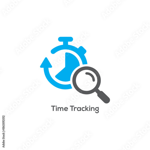 Flat time tracking icon with blue stopwatch and magnifying glass for productivity monitoring, project management, analytics apps and dashboards

