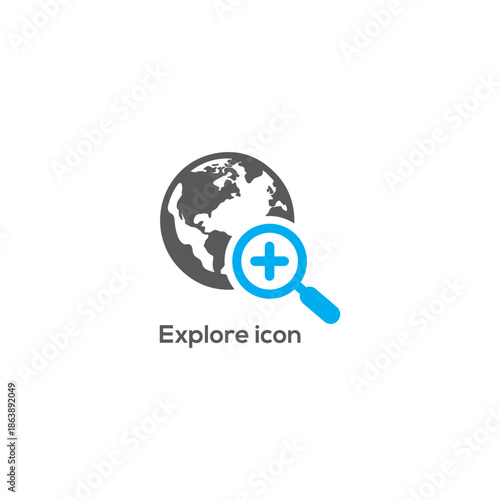 Flat global explore icon with earth globe and magnifying glass plus symbol for modern search, discovery, travel, navigation apps

