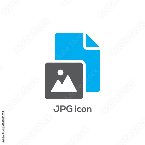 Flat JPG file icon with blue document and gray photo thumbnail for image format, gallery, digital media applications interface

