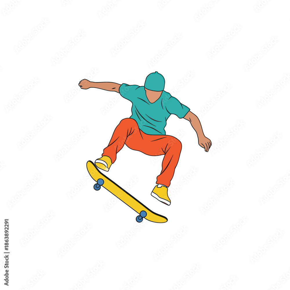 Obraz premium A colorful vector illustration of a skateboarder jumping in mid-air on a yellow board.