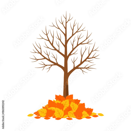 Bare Autumn Tree with Pile of Colorful Fallen Leaves