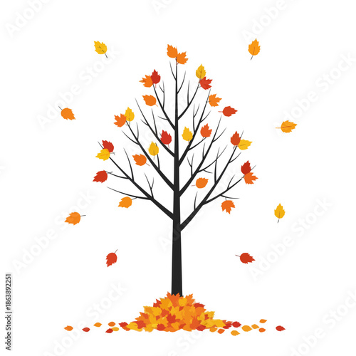 Autumn Tree with Falling Leaves and Pile of Leaves on White Background