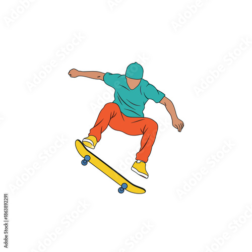A colorful vector illustration of a skateboarder jumping in mid-air on a yellow board.