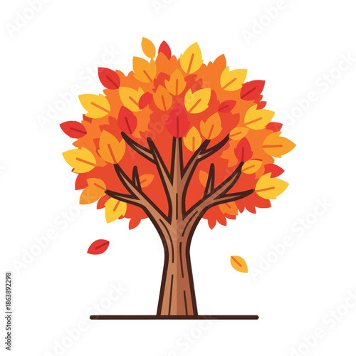 Vibrant Autumn Tree with Falling Leaves - Flat Design