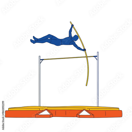 A colorful, stylized illustration of a male athlete performing a pole vault jump.