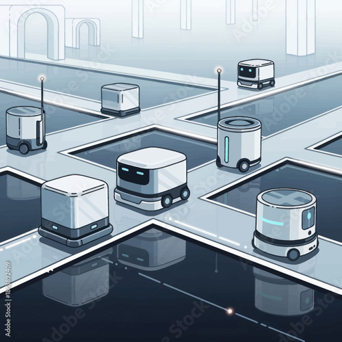 A fleet of autonomous delivery robots with glowing lights navigating a futuristic grid network in a smart city.