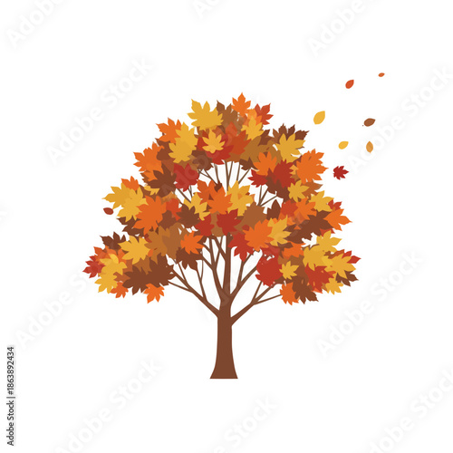 Autumn Tree with Falling Leaves Illustration, Vibrant Fall Colors
