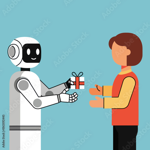 A friendly humanoid robot gives a wrapped present to a person.