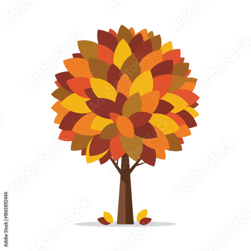 Stylized Autumn Tree with Colorful Falling Leaves - Flat Design