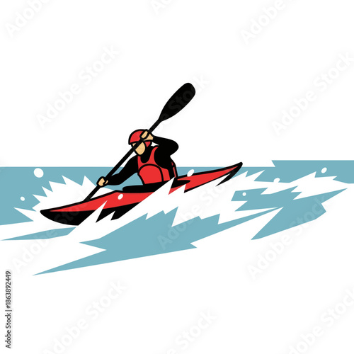 A kayaker in a red boat paddling through choppy whitewater waves, a vector illustration.