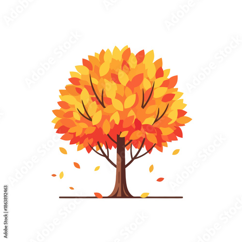 Vibrant Autumn Tree with Falling Leaves, Fall Season Foliage, Flat Design