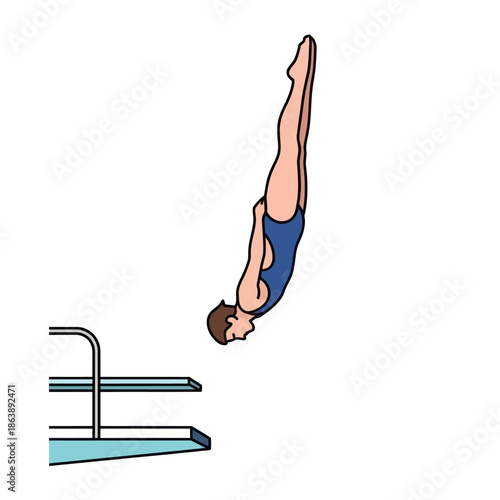 A male athlete in a blue one-piece swimsuit diving headfirst from a springboard.