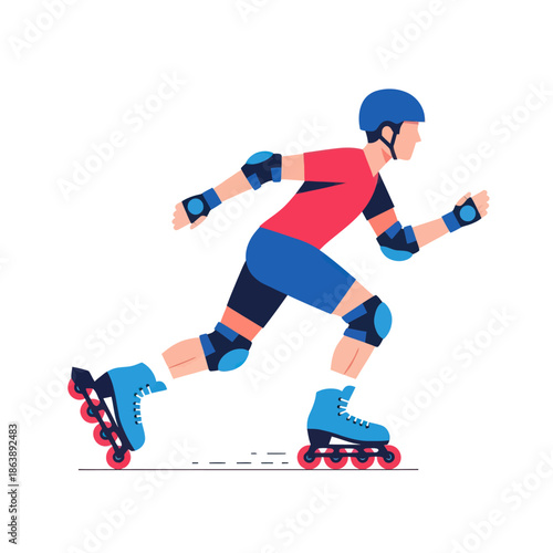 A man in a helmet and protective gear rollerblading at speed, isolated vector illustration.