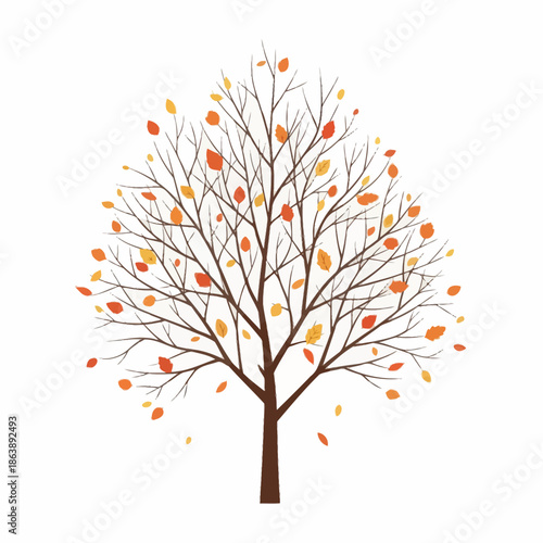 Autumn Tree with Falling Leaves, Seasonal Change, Fall Foliage, Vector Illustration