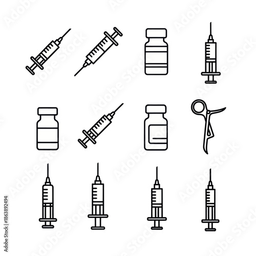 A minimalist set of black line art medical icons featuring syringes, vaccine vials, and a surgical instrument.