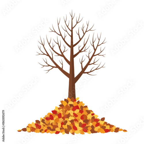 Bare Tree Silhouette with Pile of Fallen Autumn Leaves Isolated on White Background