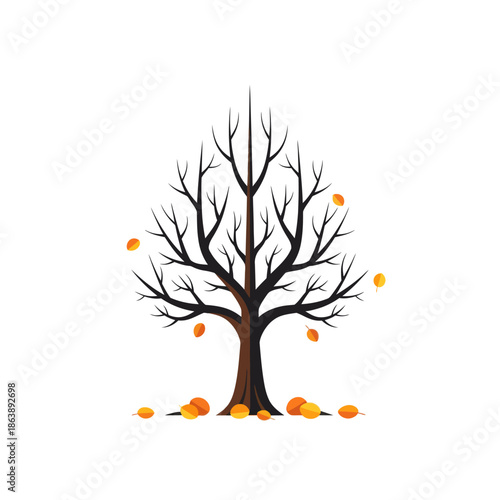 Autumn Tree Silhouette Falling Leaves Isolated White Background