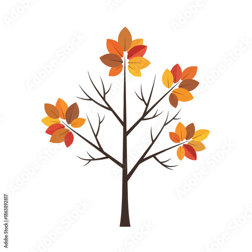 Autumn Tree with Colorful Leaves, Minimalist Vector Illustration, Fall Season Concept