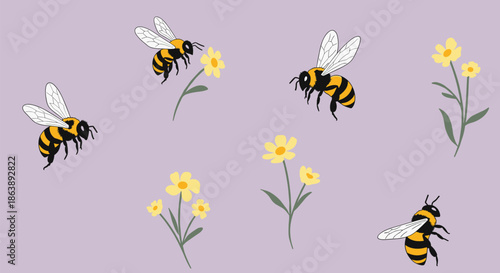 Playful illustration of fluffy bumblebees flying around small yellow flowers scattered over a solid lavender purple background for a cute design.