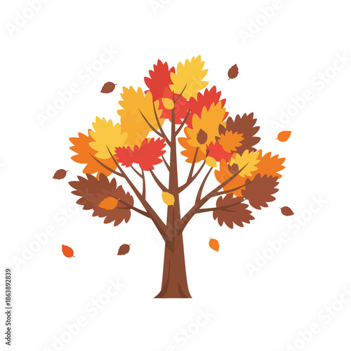 Autumn Tree With Falling Leaves - Vibrant Fall Colors, Seasonal Change, Nature Illustration
