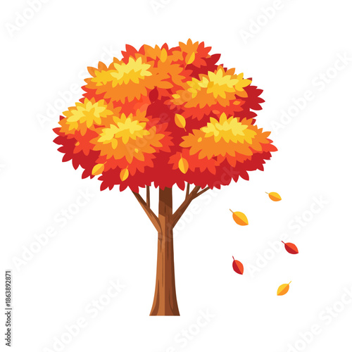 Vibrant Autumn Tree with Falling Leaves - Seasonal Change Illustration