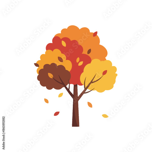 Autumn Tree with Falling Leaves, Vibrant Colors, Flat Design
