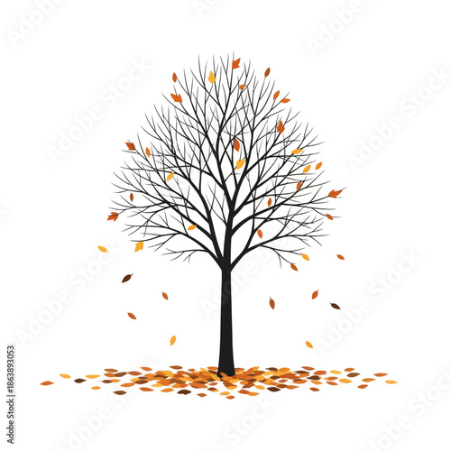Autumn Tree with Falling Leaves on White Background